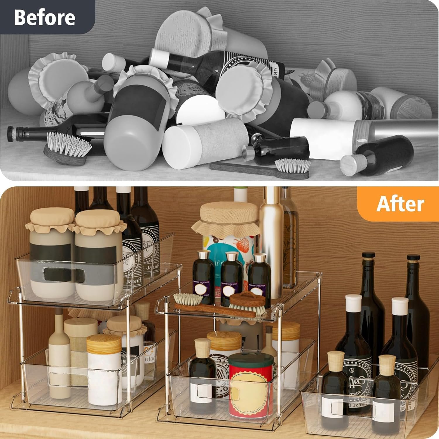 oem odm pull-out home organizer, 2 pack 2 tier clear bathroom organizer with dividers, multipurpose vanity counter tray, kitchen, closet organizers, cabinet & storage container bins factory & wholesale supplier