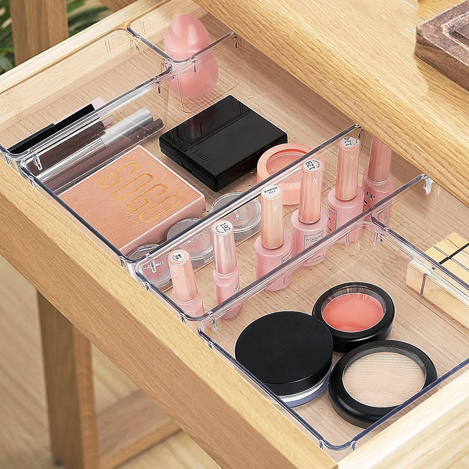 oem odm 16 pcs drawer organizer set, 5 varied size bathroom and kitchen drawer cabinet organizer trays, clear storage bins for makeup, jewelry, utensils and gadgets factory & wholesale supplier