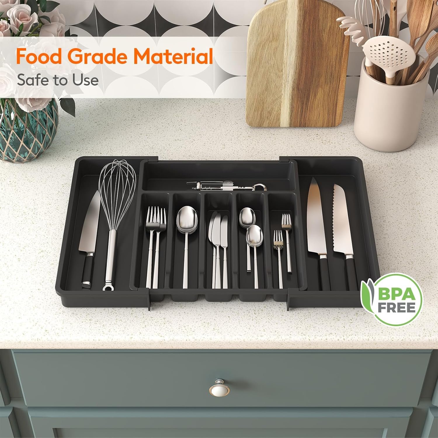 oem odm lifewit large silverware drawer organizer, expandable utensil tray for kitchen, bpa free flatware and cutlery holder, adjustable plastic storage for spoons forks knives, large, black factory & wholesale supplier