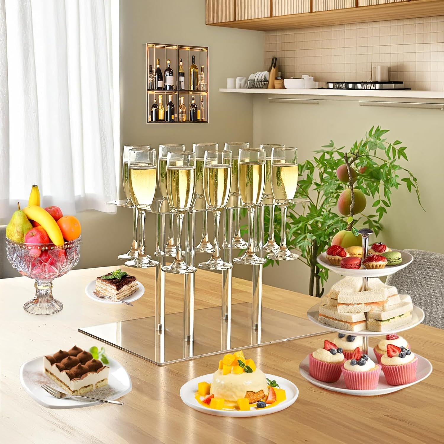 wholesale rectangle acrylic champagne tower display rack stand, 3 tier floating sight flute holder with 32 slots for party, wedding, school, celebration, 17.3x11.8x25.5 inch factory & supplier oem odm
