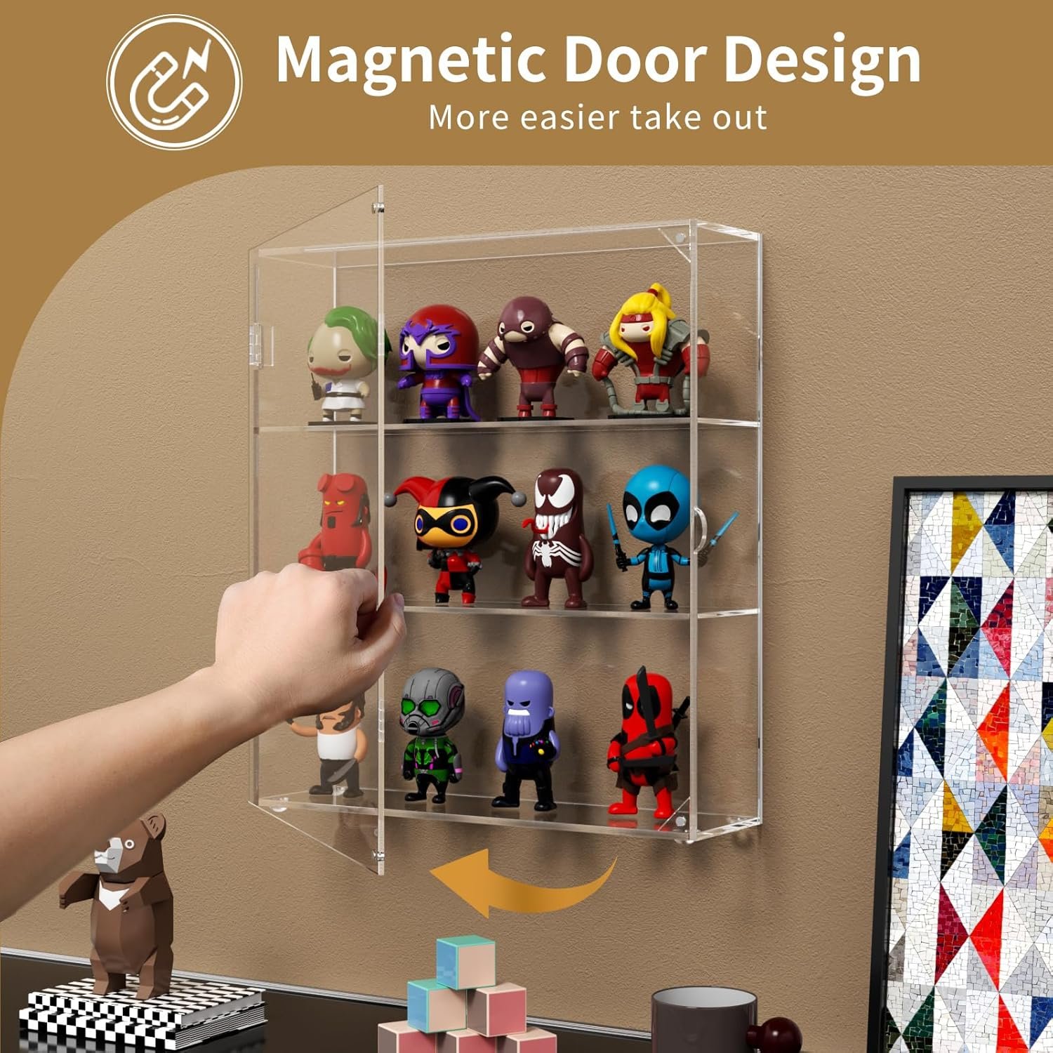 wholesale niubee acrylic display case, clear display case for funko pop figures, wall mounted or desktop dustproof display cabinet box for collectibles ,rock,crystals,mini toys,amiibo (3 tiers) factory & supplier oem odm