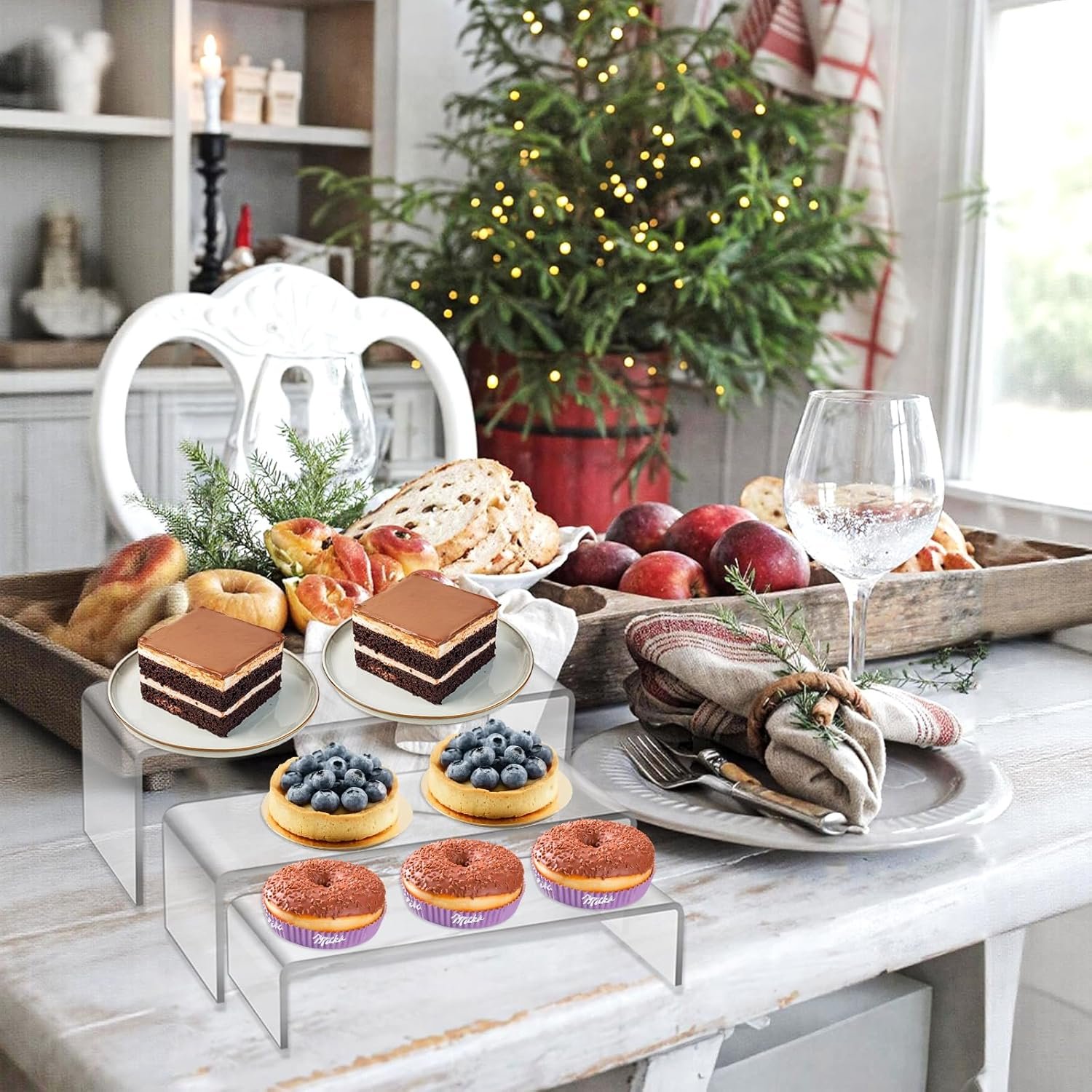 oem odm 6 pcs acrylic risers display stands, 2 set (7”l / 8”l / 9”l) large transparent cabinet riser shelves rectangular dessert holder for cupcake, collectibles, perfume, retail shop showcase, party supplies factory & wholesale supplier