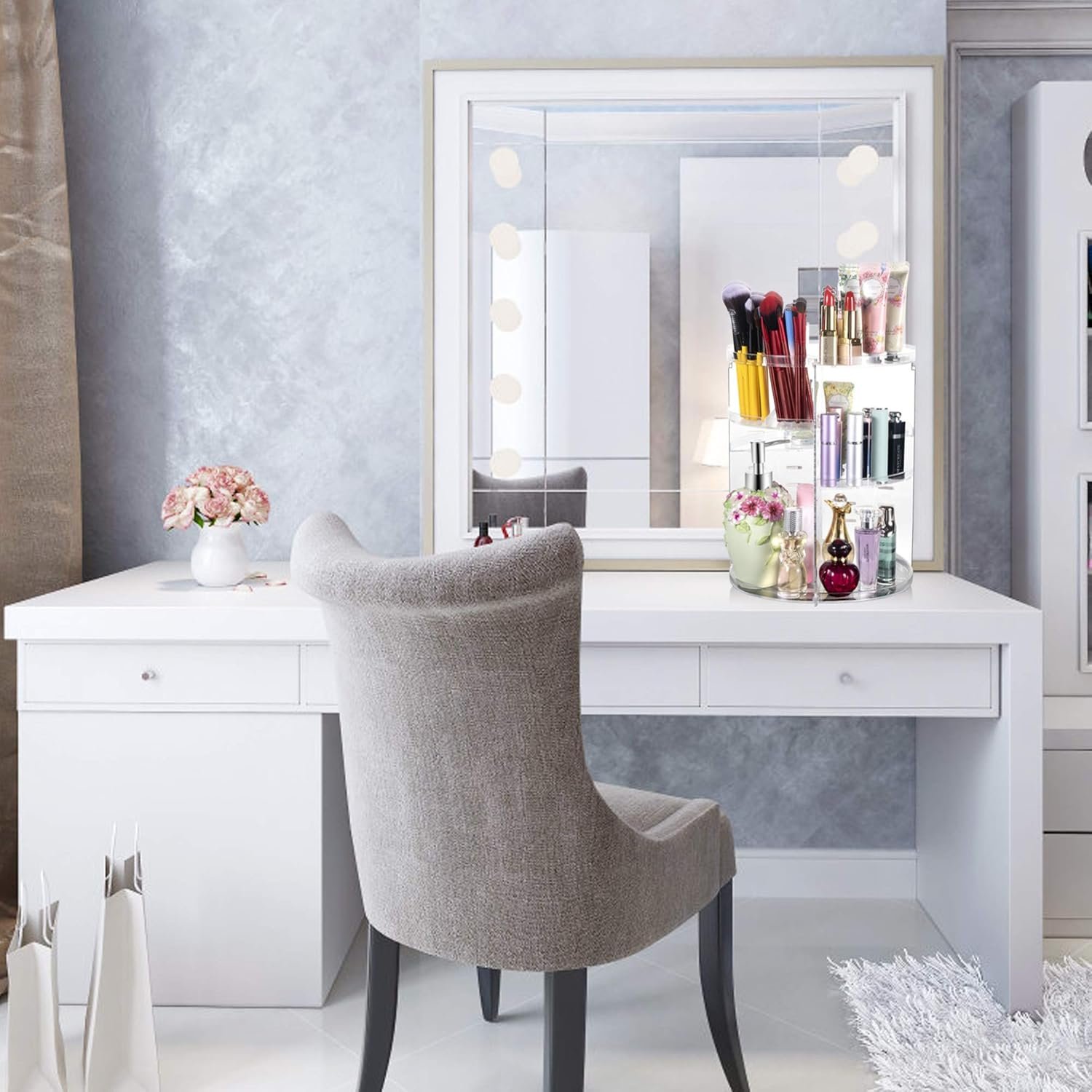 oem odm coyaho 360 rotating makeup organizer, spinning countertop, cosmetic holder shelf, make up organizers and storage for bedroom, transparent factory & wholesale supplier