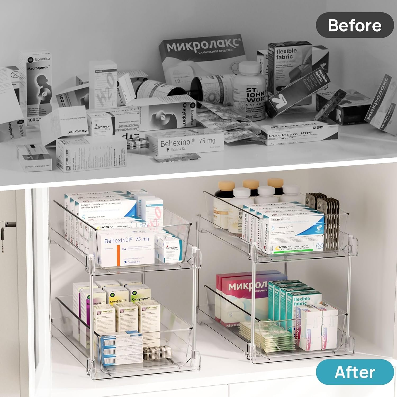 oem odm vtopmart 4 pack bathroom organizer, 2 tier clear under sink organizers vanity countertop storage container,cabinet drawers bins, pull-out organization with track for pantry, kitchen factory & wholesale supplier
