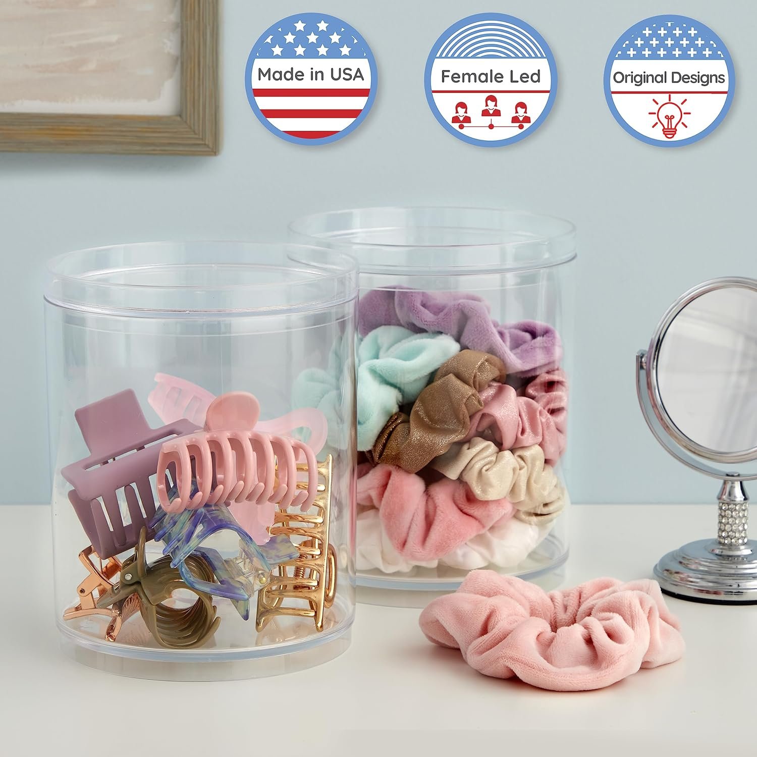 oem odm stori bella tall scrunchie holder | stackable clear plastic container (set of 2) round vanity storage organizers with lids for hair accessories & beauty supplies | made in usa factory & wholesale supplier