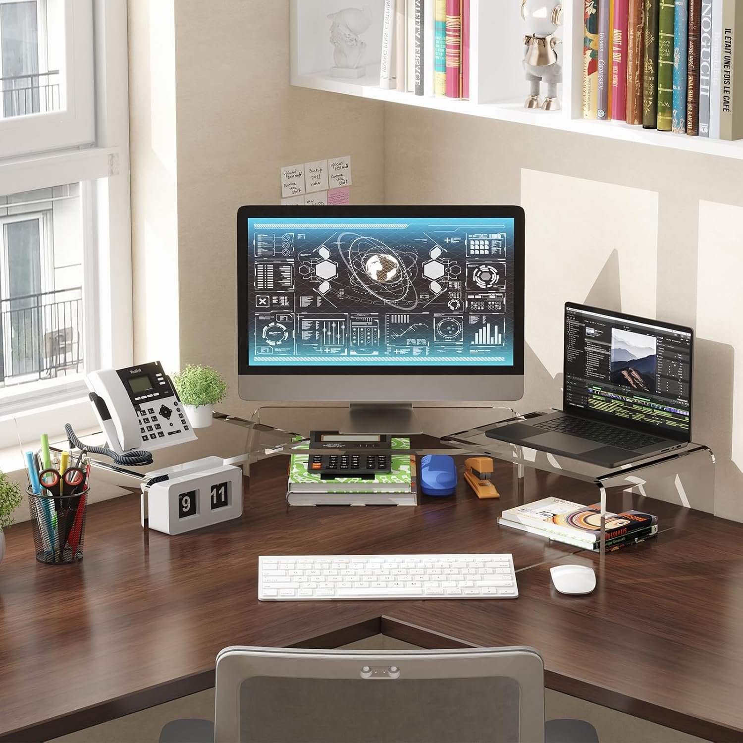 oem odm x-cosrack acrylic monitor stand riser,dual monitor stand with adjustable length and angle,3 shelf with anti-slip mat for laptop, computer, pc, printer,tv screen factory & wholesale supplier