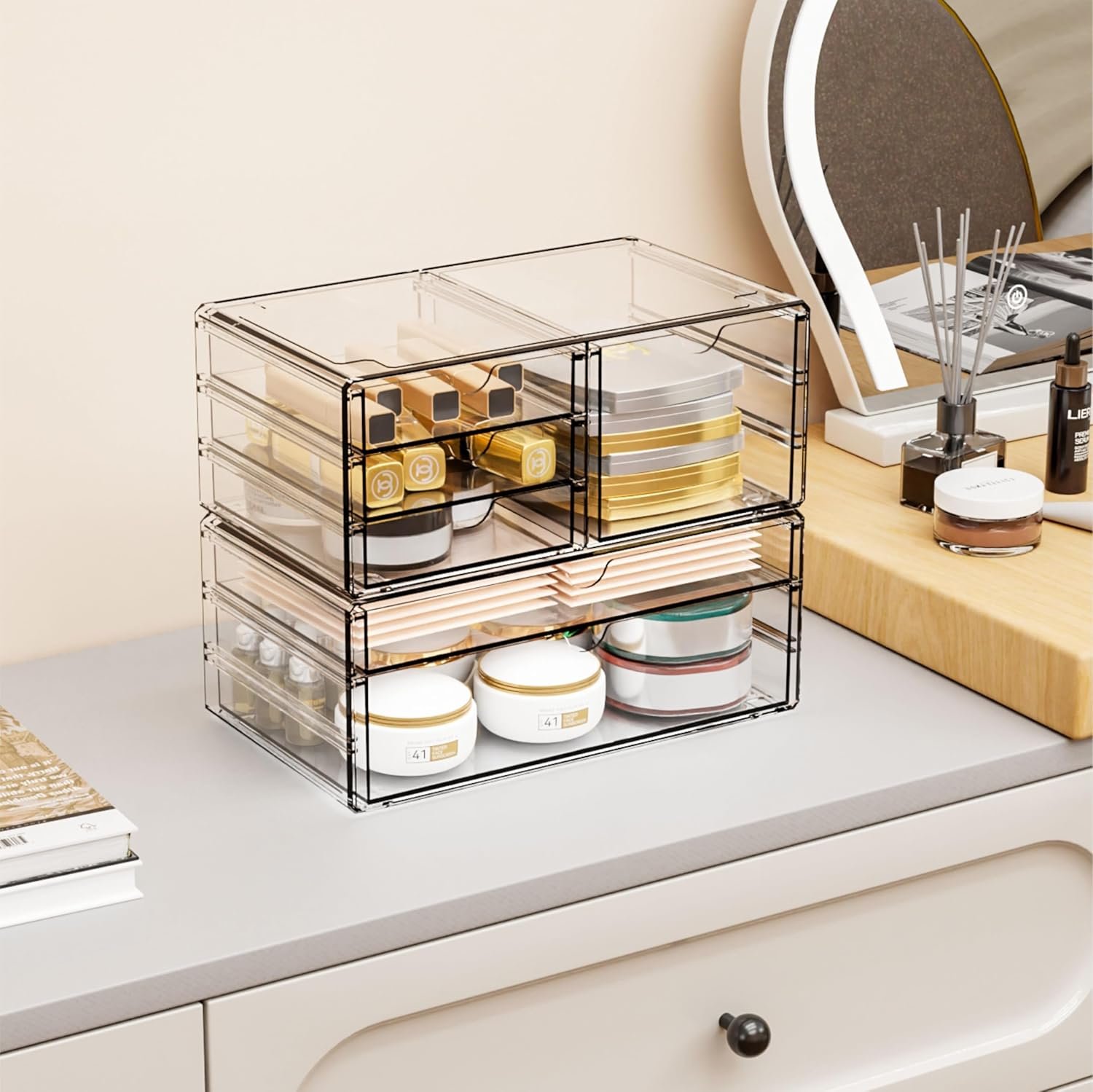 oem odm yieach 2 pack acrylic drawer organizer with 6 drawers,stackable 11.1” large clear storage drawers and makeup organizer for vanity,bathroom countertop,cabinet,pantry,office supply storage bins drawers factory & wholesale supplier