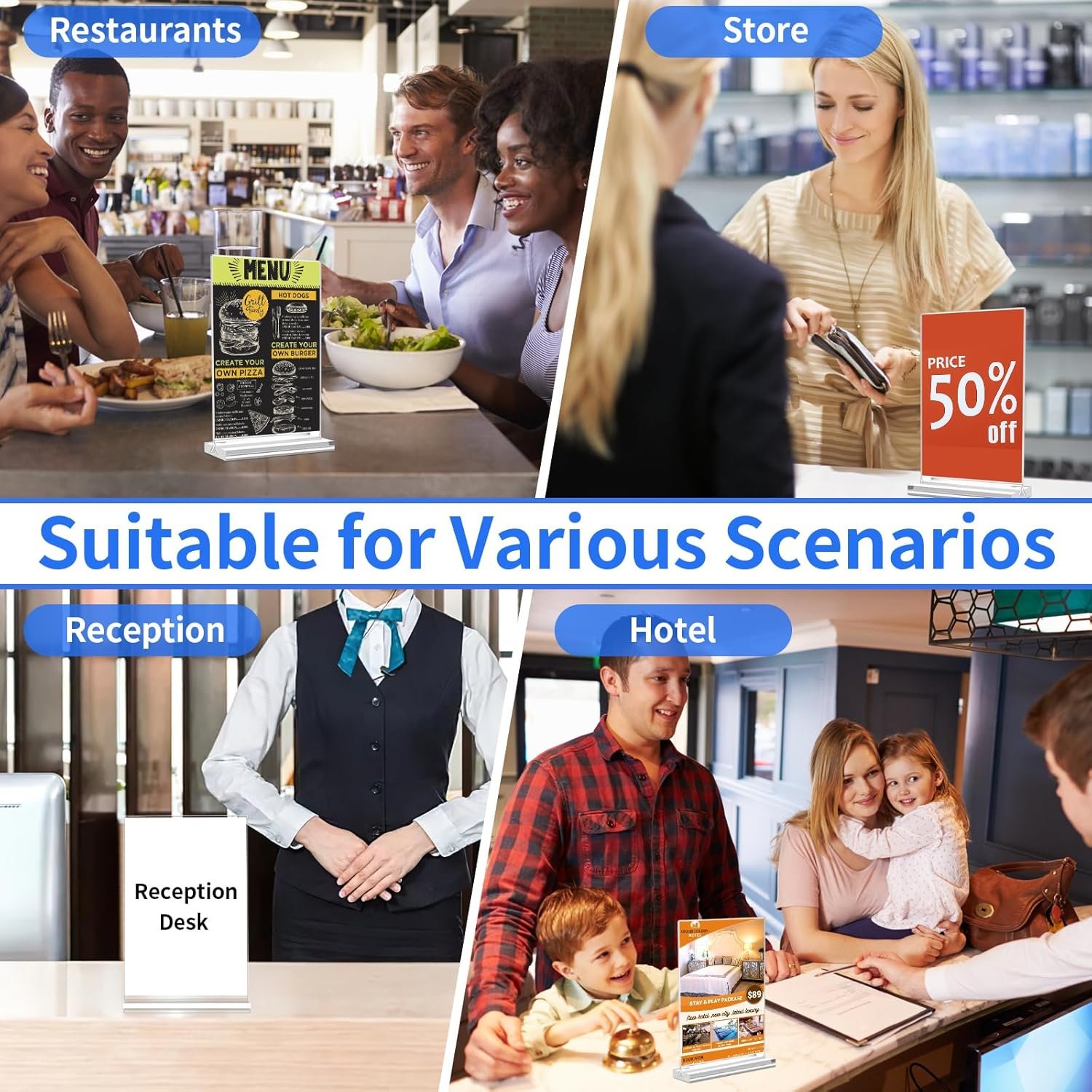 wholesale acrylic sign holder 5x7，3 pack vertical clear display stand，double-sided table top sign holder，acrylic paper display stand suitable for office, home, show fair, restaurants, stores, hotels factory & supplier oem odm