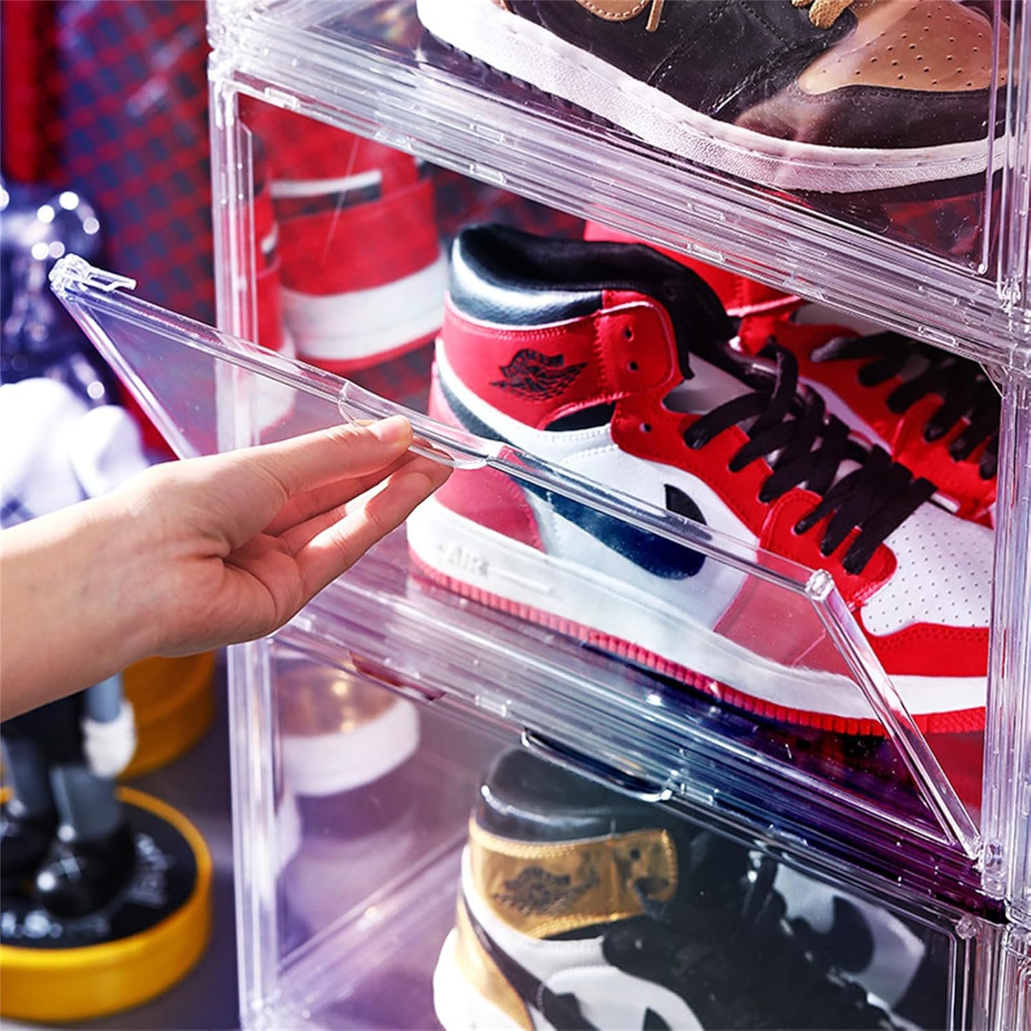 oem odm clear acrylic display case with magnetic attraction lid, purse storage box with magnetic door, plastic storage bins, large figures collectibles showcase, shoe box, bag organizer factory & wholesale supplier