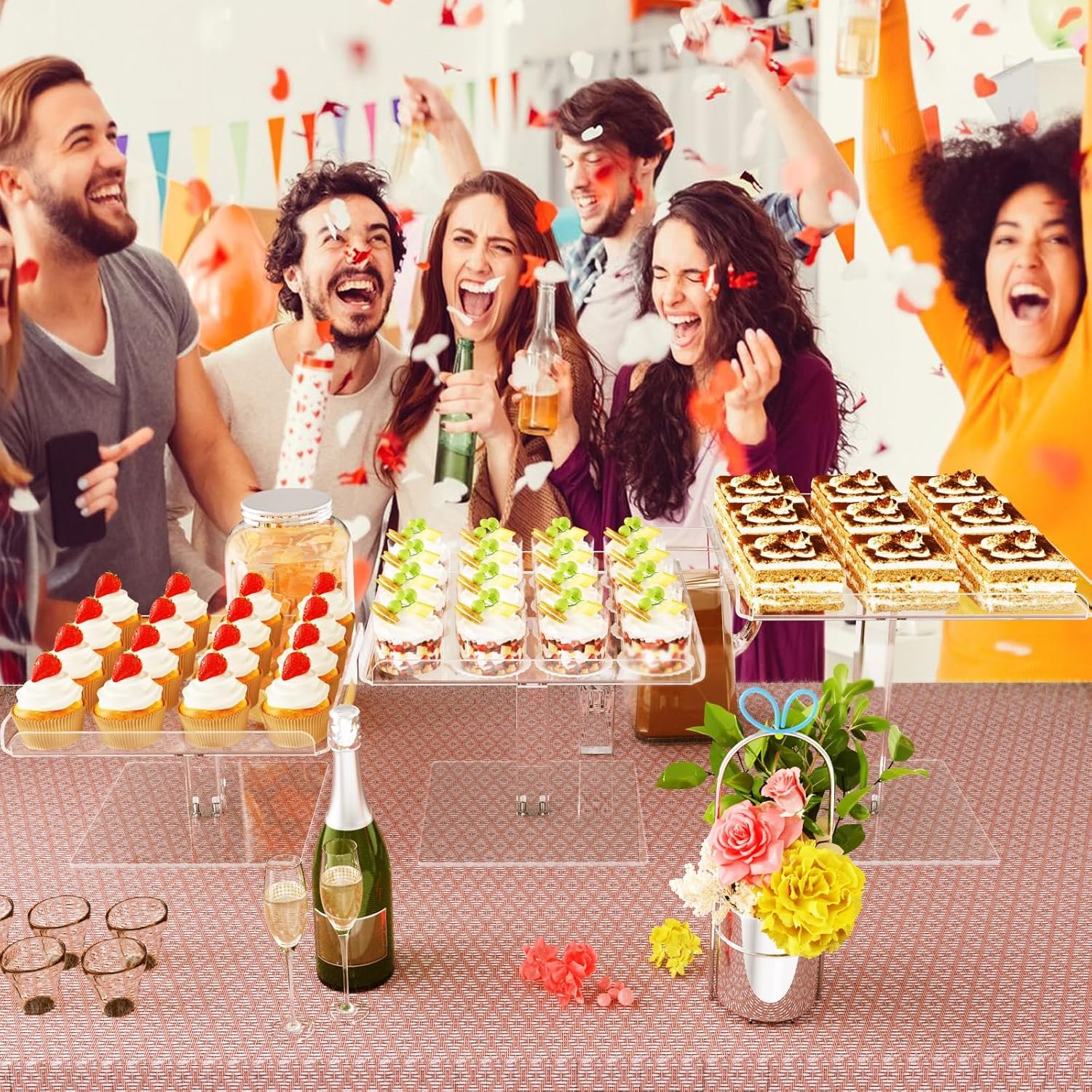 wholesale 3 piece cupcake stand, acrylic dessert table display set, clear square serving trays for birthday, wedding, baby shower factory & supplier oem odm