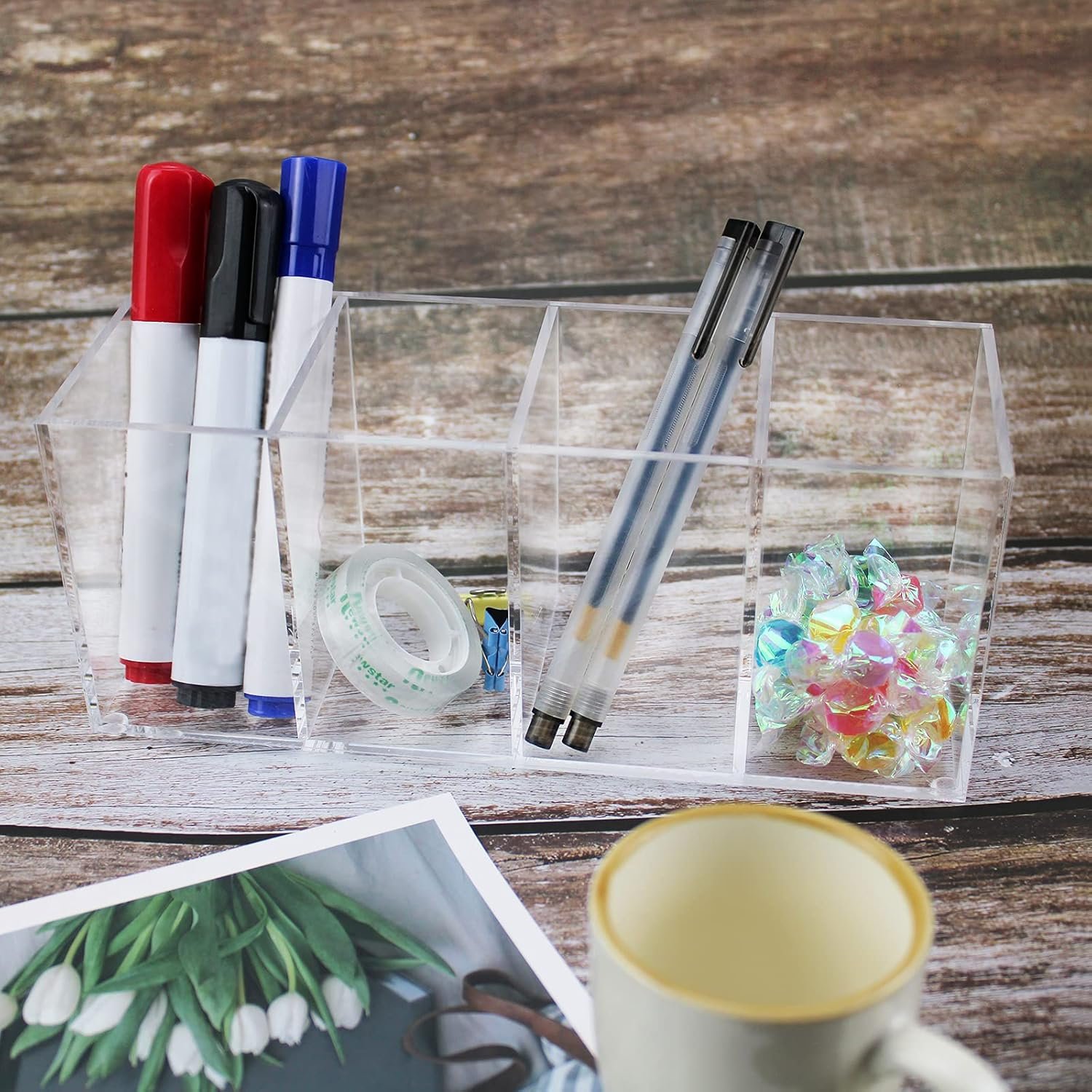 oem odm qpey acrylic pen holder 4 compartments,clear pen holder organizer makeup brush holder for office desk accessories,cosmetic brush storage box,dorm,bathroom,kitchen (clear) factory & wholesale supplier