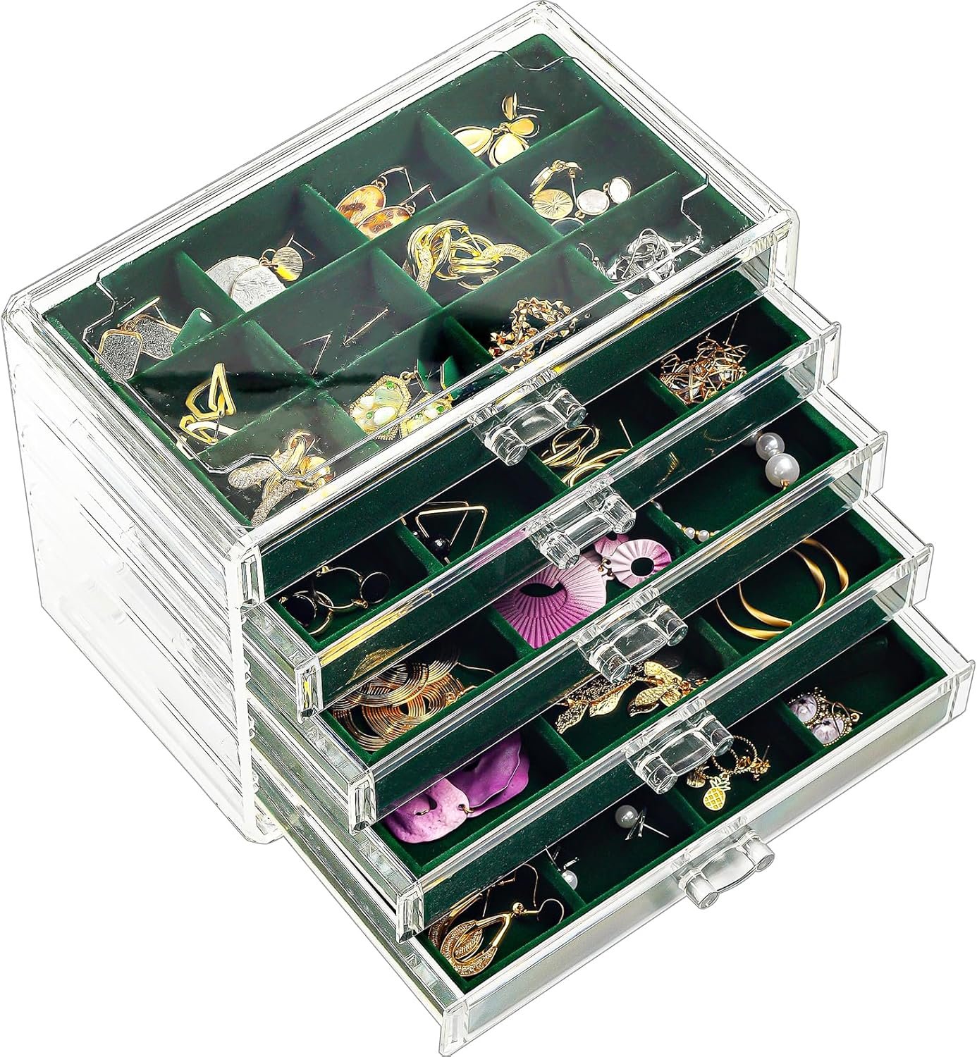 oem odm procase earring holder organizer jewelry box with 5 drawers, acrylic clear earring case with adjustable velvet trays for women - emerald, 5 layers factory & wholesale supplier