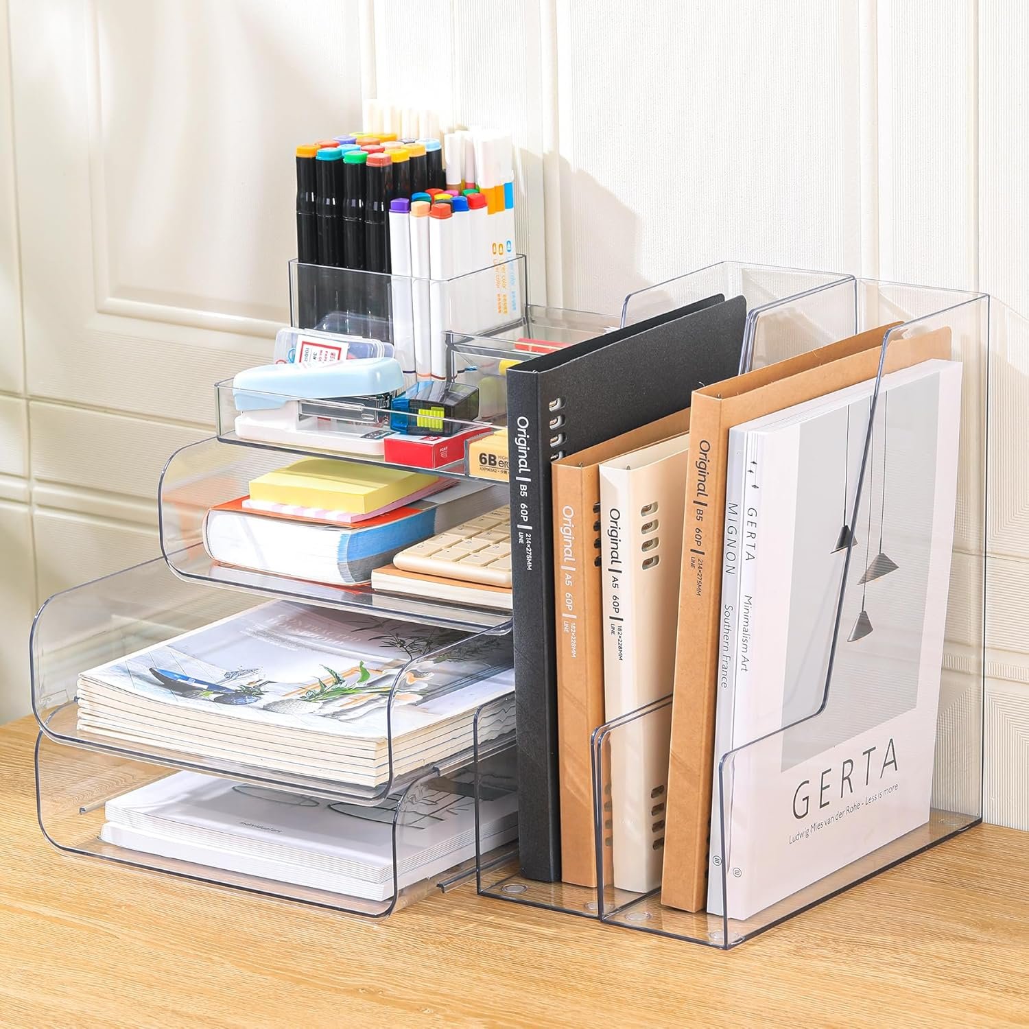 oem odm desk organizer with 2 vertical file holder, 4 tier stackable paper letter tray file organizer with 5-compartments pen holder, clear desktop organizer office organization and storage factory & wholesale supplier