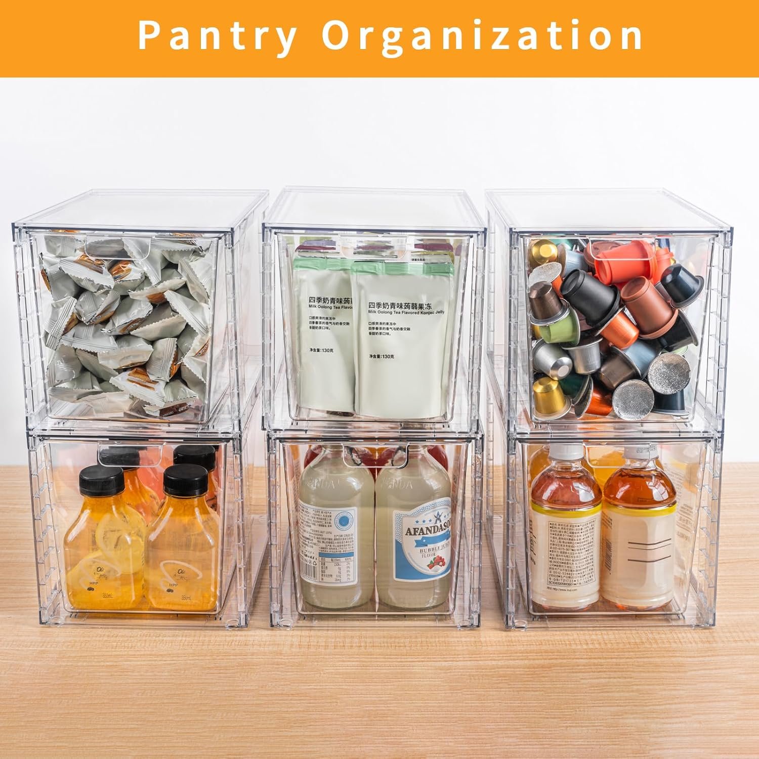 oem odm 2pack large stackable kitchen storage drawers, clear foods organizer bins with handles, easily assemble for bathroom, kitchen, pantry, cabinet, closet(xl-up handle) factory & wholesale supplier