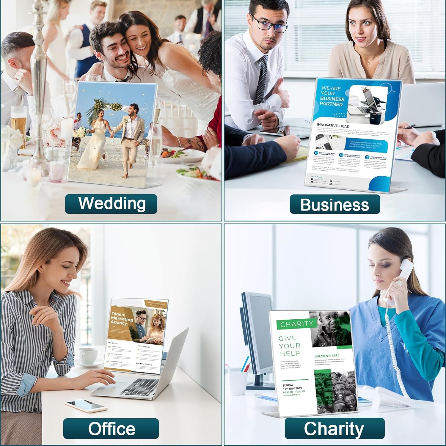 wholesale 12 pack acrylic sign holder 8.5x11 inches, clear plastic table paper display stand, l-shape vertical menu holder stand, clear picture photo flyer display stand for restaurants, store, office desktop factory & supplier oem odm