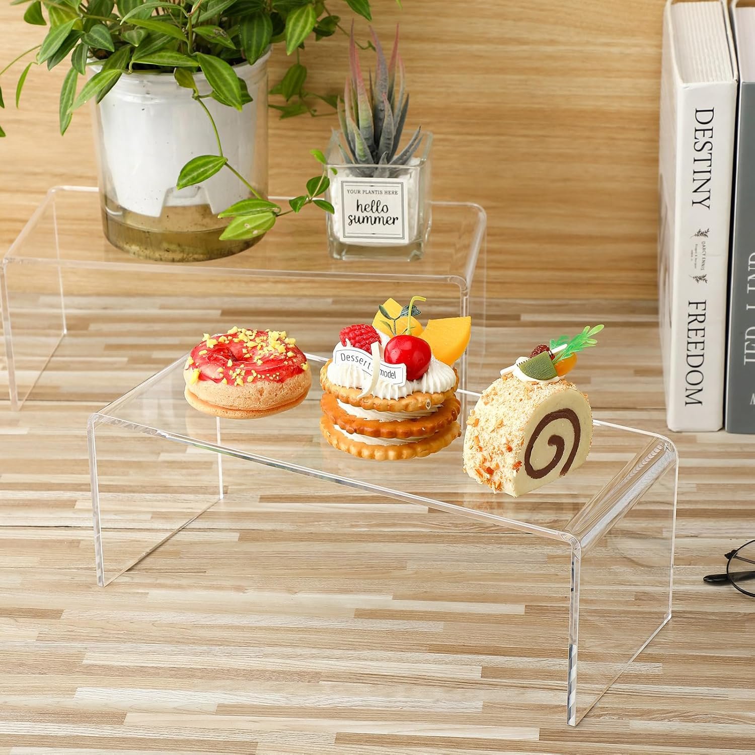 oem odm shellwei 4 pcs acrylic display stand 12'' x 5'' x 3.3'' rectangular clear cupcake holder large shelf risers for figures, dessert shelves for party, risers stands for decoration and organize factory & wholesale supplier