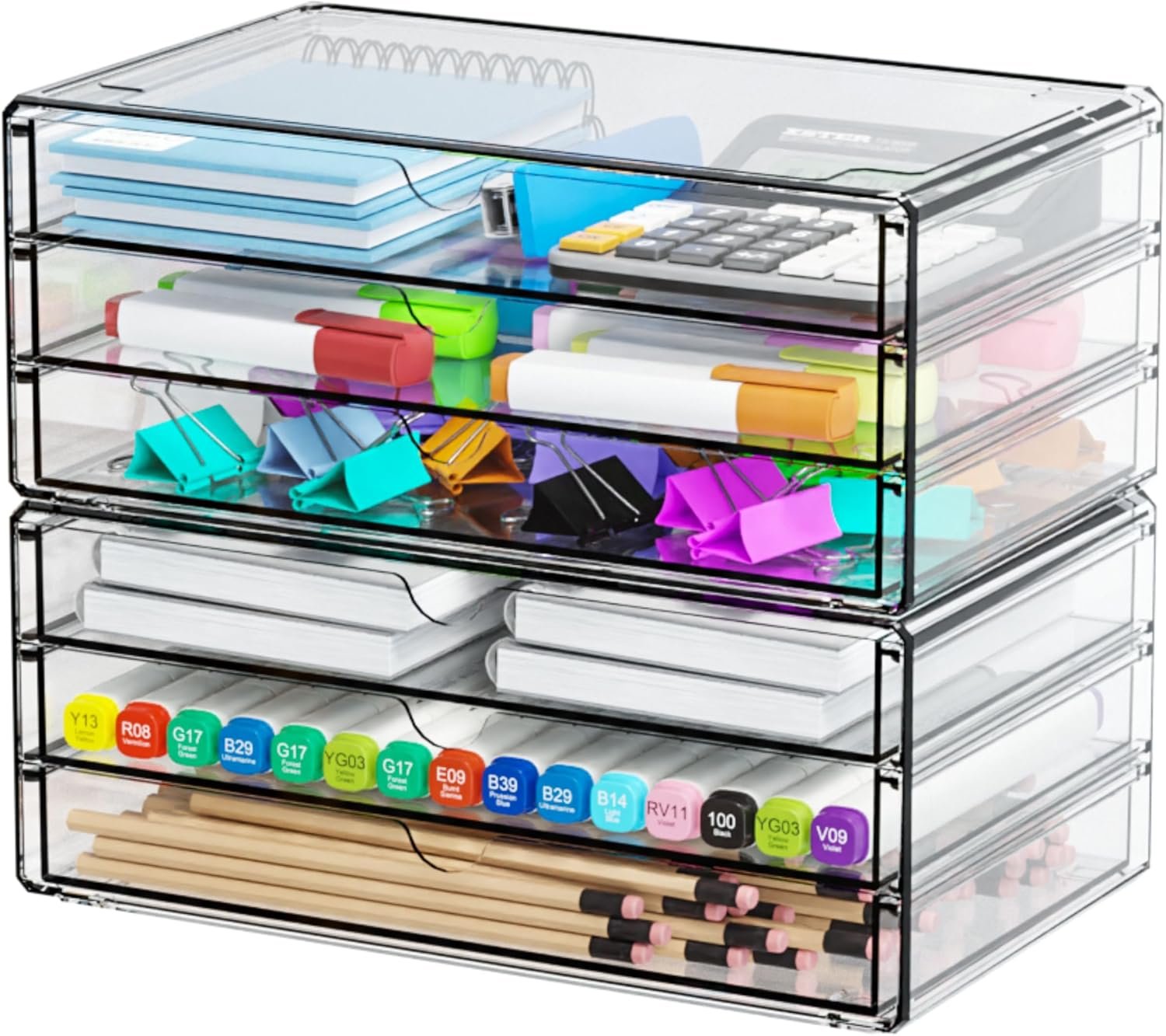 oem odm yieach 2 pack acrylic storage drawers with 6 drawers,stackable desk organizer and makeup organizer,large clear office supplies organizer for pen,stationary,palettes,arts craft organizers and storage factory & wholesale supplier