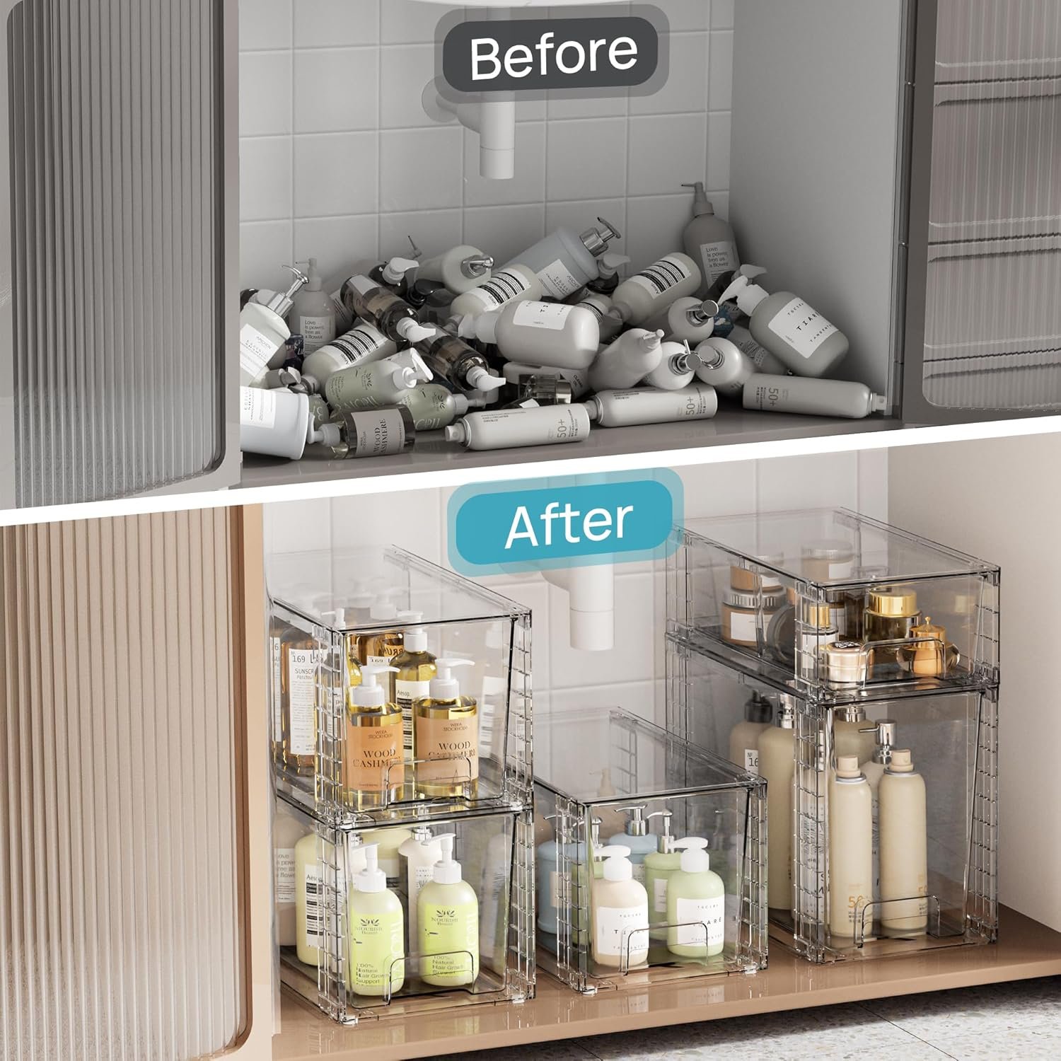 oem odm vtopmart 3 pack clear stackable storage drawers,easy to assemble bathroom organizers and storage with handles,plastic drawers for kitchen pantry,cabinet,under sink organization factory & wholesale supplier