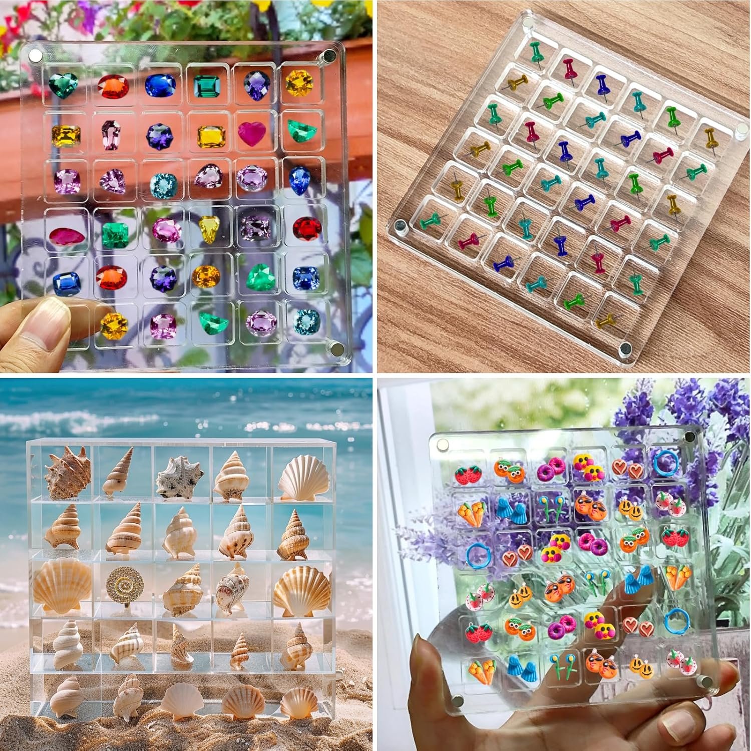 wholesale acrylic seashell display box,clear sea shell holder display box,beach shelling collecting tools,storage organizer tiny case for seashell diamond beads (4 pack-144 grids) factory & supplier oem odm