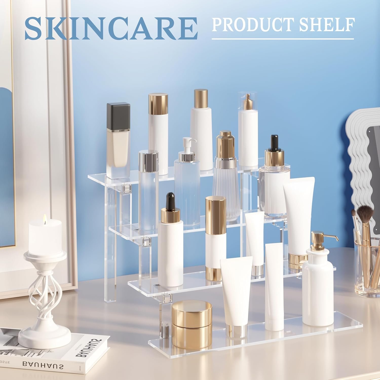 oem odm kcrystenia acrylic display stands risers, 9”clear perfume organizer stand shelf, 4 tier acrylic risers for display decorative perfume makeup nail polish dessert (2 pack) factory & wholesale supplier