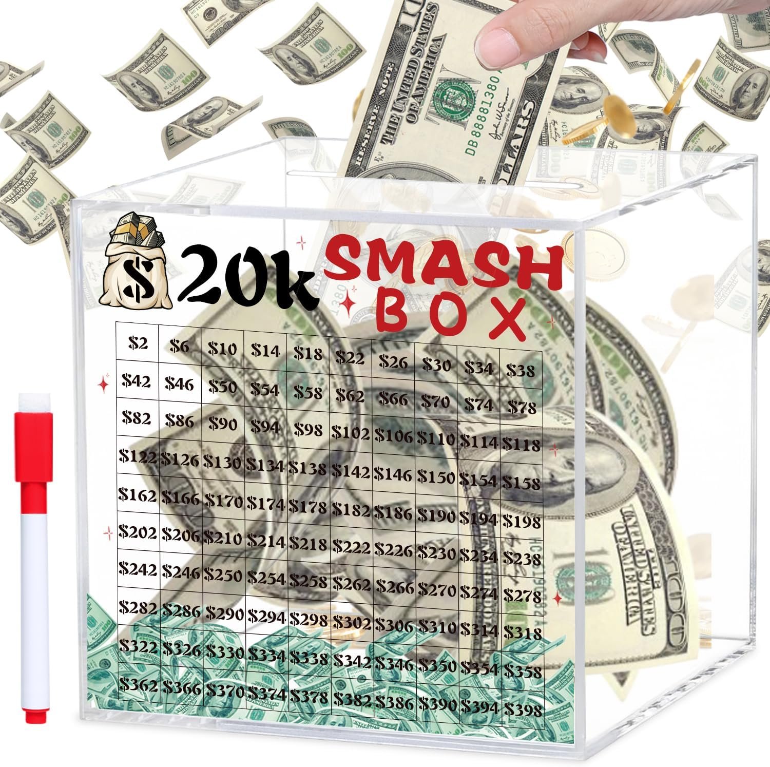 oem odm 20k smash box for money, large piggy bank for adults 20000 savings challenge box, money saving box for cash, big unbreakable clear acrylic money saver must break to open factory & wholesale supplier