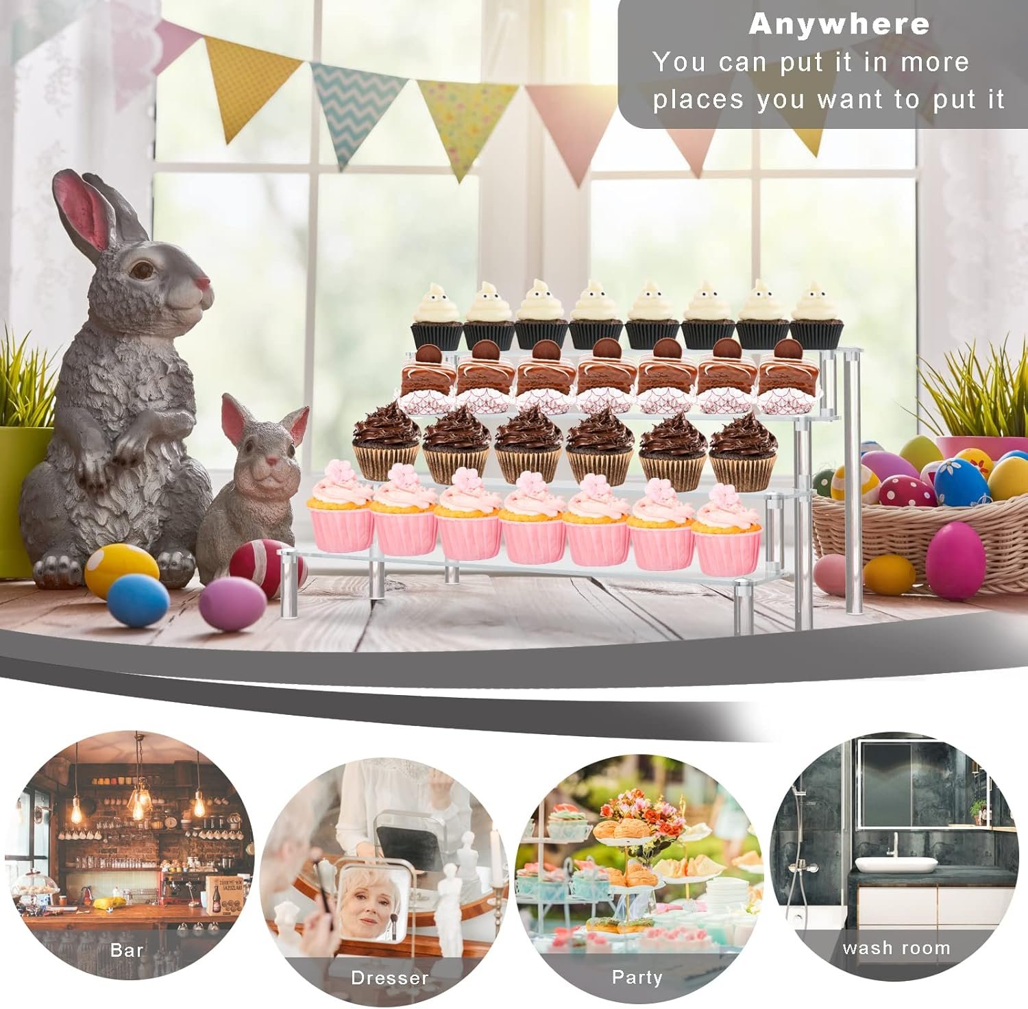 oem odm kalyloc 2pcs acrylic riser shelf display stand, 4 tier clear display shelf action figures holder, collectibles shelf for toys cupcakes dessert jewels figurines(15.7x10.5x7.5inch) factory & wholesale supplier