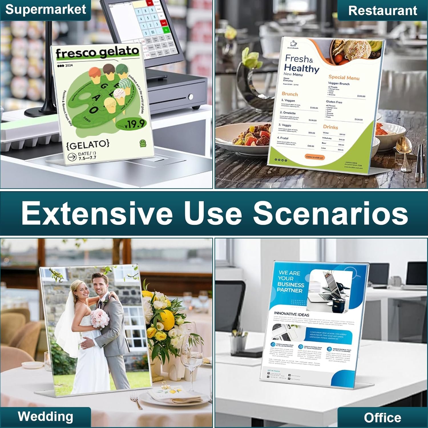 wholesale 12 pack acrylic sign holder 8.5x11 inches, clear plastic table paper display stand, l-shape vertical menu holder stand, clear picture photo flyer display stand for restaurants, store, office desktop factory & supplier oem odm