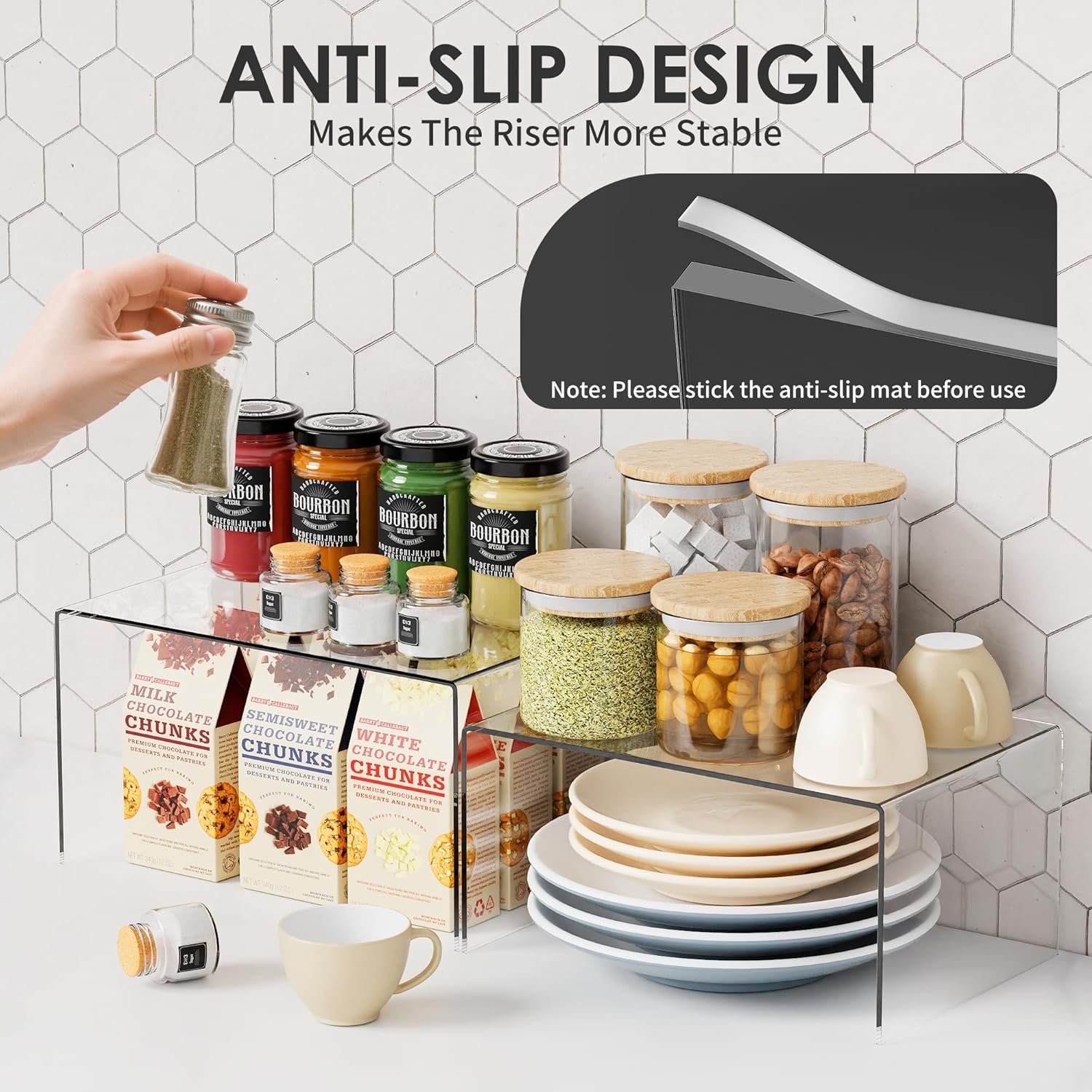 oem odm acrylic cabinet shelf riser set of 4, heavy-duty kitchen organizers with non-slip pads, clear countertop spice shelves for pantry storage & cabinet decor factory & wholesale supplier
