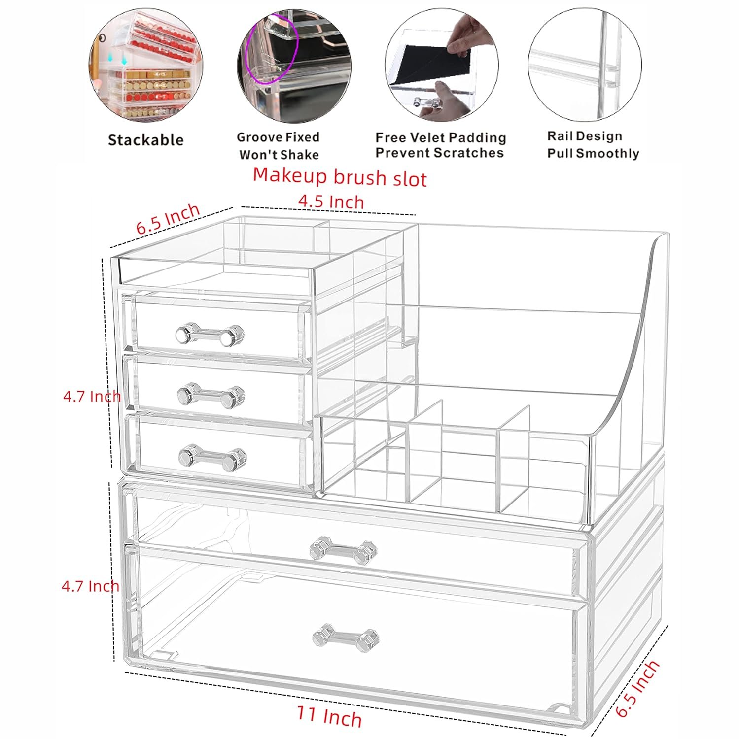 oem odm cq acrylic 2 pack clear make up organizers for vanity,stackable 5 drawers make up organizer,cute desk organizer for vanity jewelry,hair clip,beauty,skincare product dresser acrylic drawer organizer factory & wholesale supplier