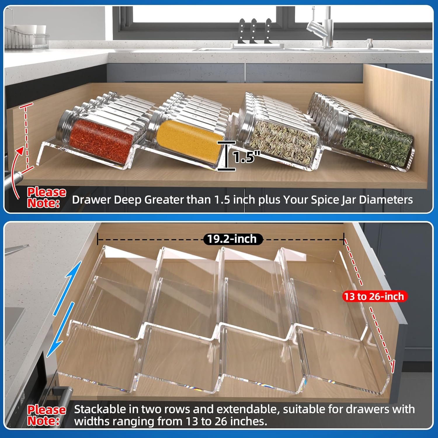 oem odm clear acrylic spice drawer organizer, 4 tier- 2 set expandable from 13