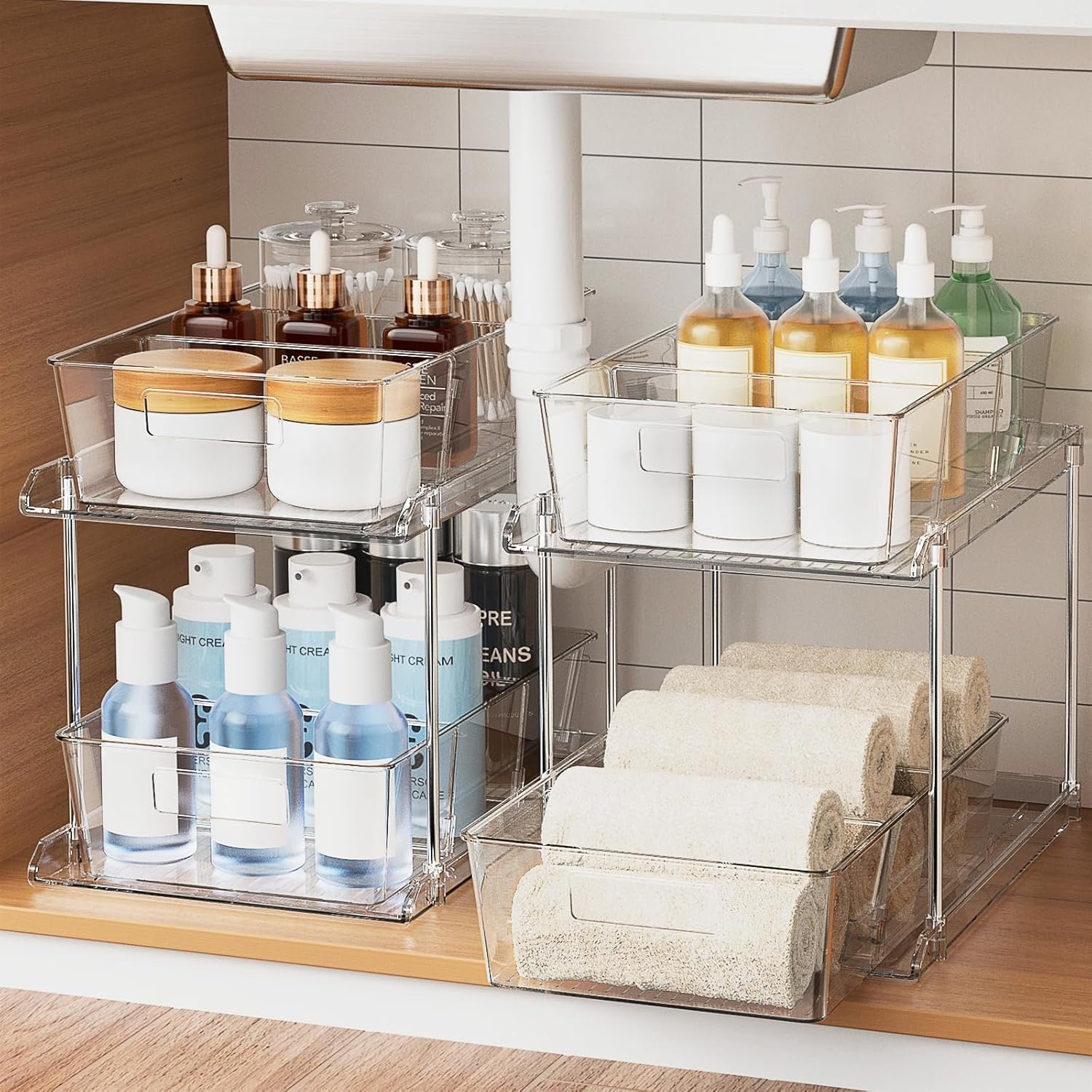 oem odm pull-out home organizer, 2 pack 2 tier clear bathroom organizer with dividers, multipurpose vanity counter tray, kitchen, closet organizers, cabinet & storage container bins factory & wholesale supplier