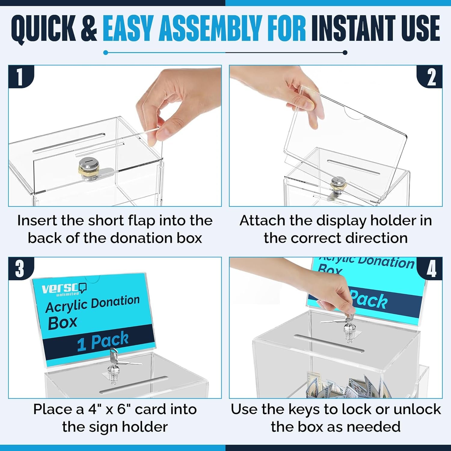 oem odm modern clear acrylic donation box with lock, shelf and sign holder - 6.3x4x4.2 inch lockable fundraising, tip, and ballot box factory & wholesale supplier