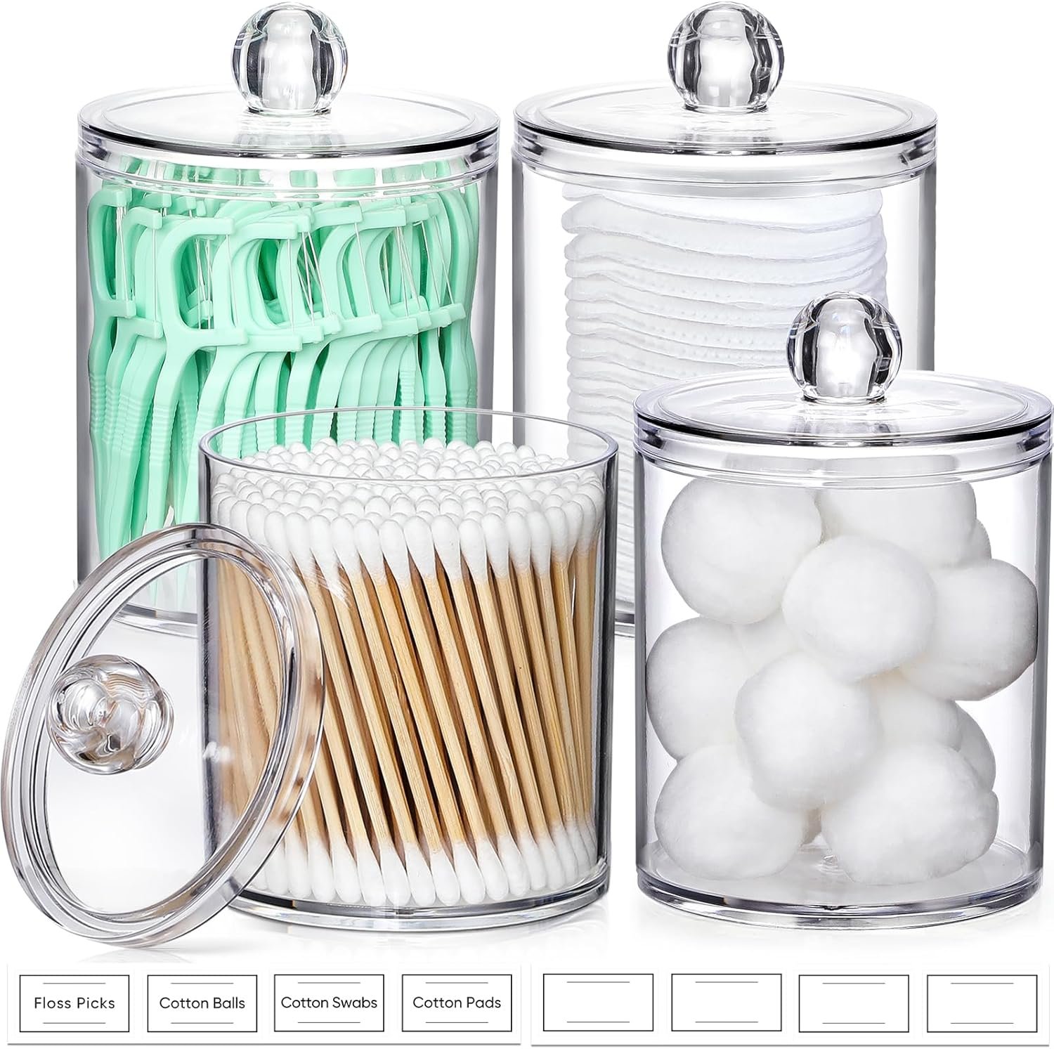 oem odm 4 pack acrylic qtip holder dispenser for cotton swabs, balls, pads, floss picks- small clear plastic canister apothecary jar set, bathroom essentials accessories decor, vanity makeup storage organizer factory & wholesale supplier