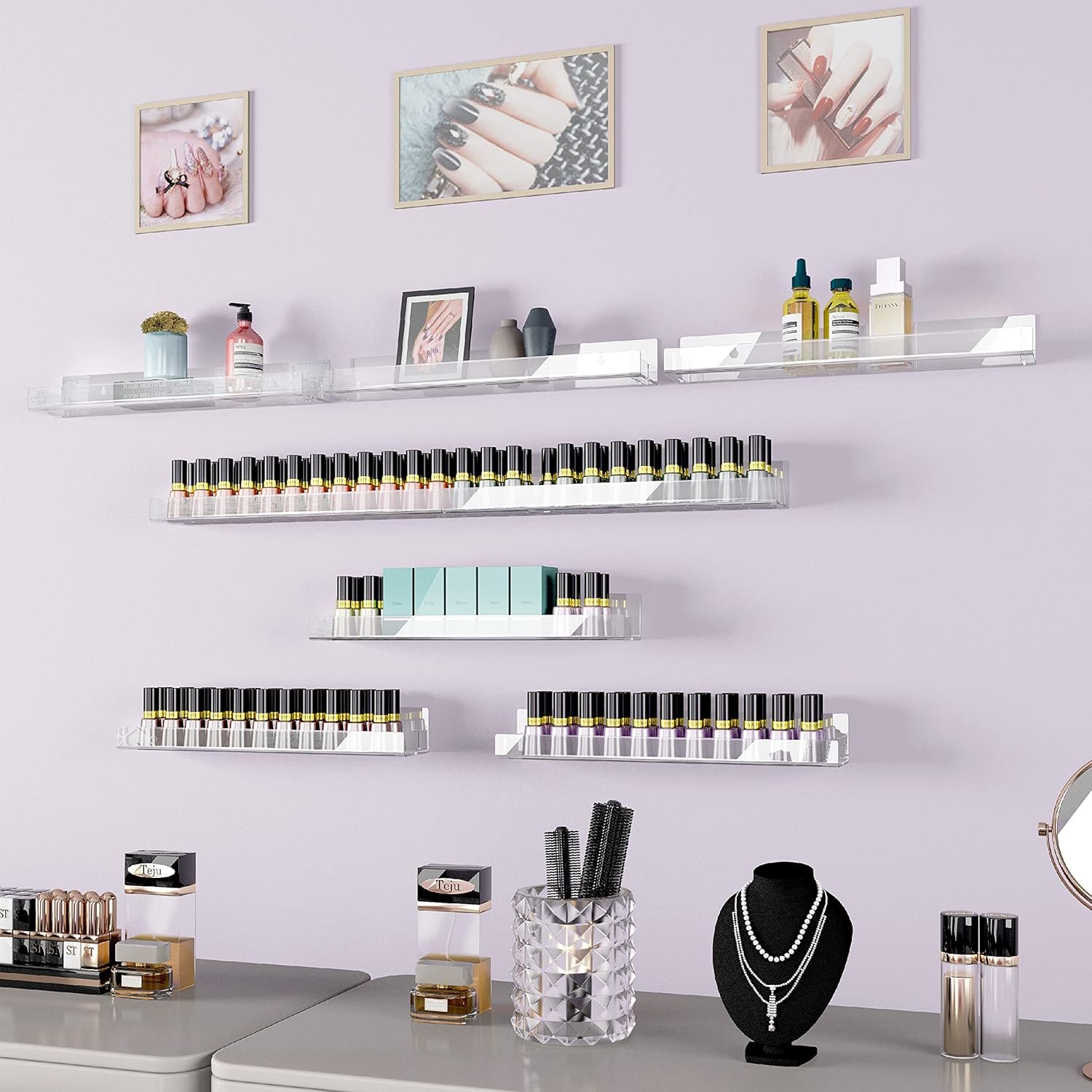 wholesale 4 pack 15 inch clear acrylic shelves, clear kids floating bookshelf for kids room, modern nail polish rack sunglasses essential oil picture ledge display toy storage wall shelf factory & supplier oem odm