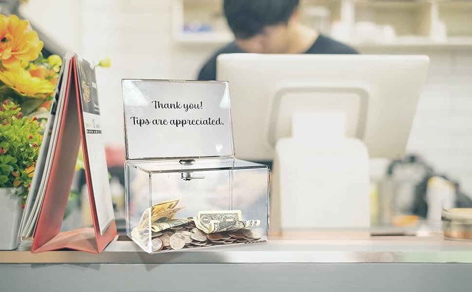 oem odm modern clear acrylic donation box with lock, shelf and sign holder - 6.3x4x4.2 inch lockable fundraising, tip, and ballot box factory & wholesale supplier