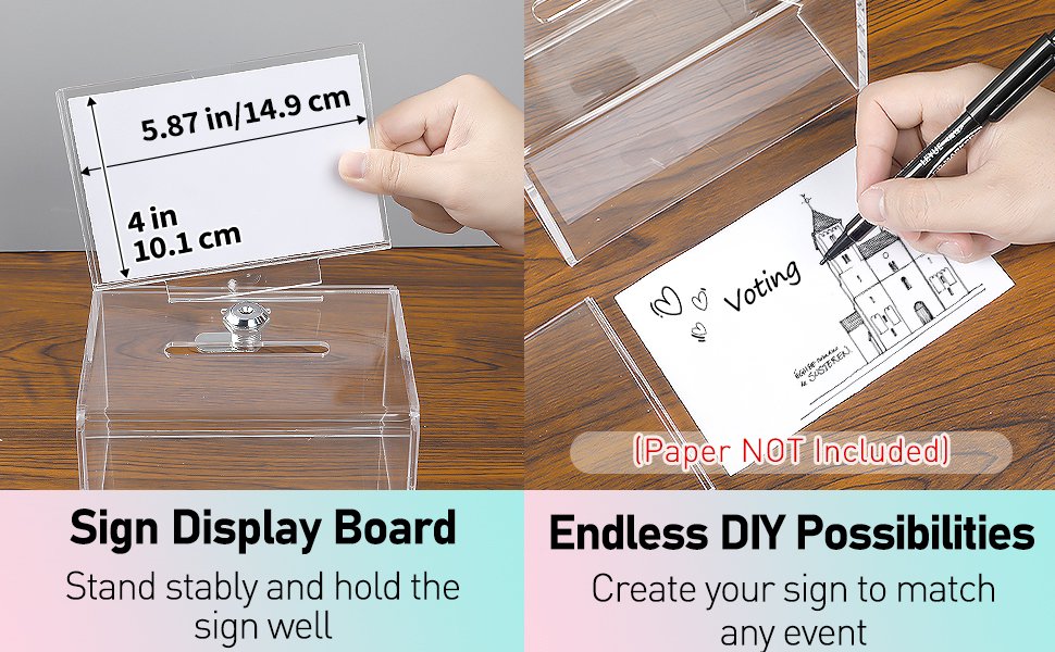 oem odm uniclife acrylic donation box for fundraising, clear suggestion box with slot and lock, ballot box with sign holder, plastic storage container for voting charity tip collection, 6.3