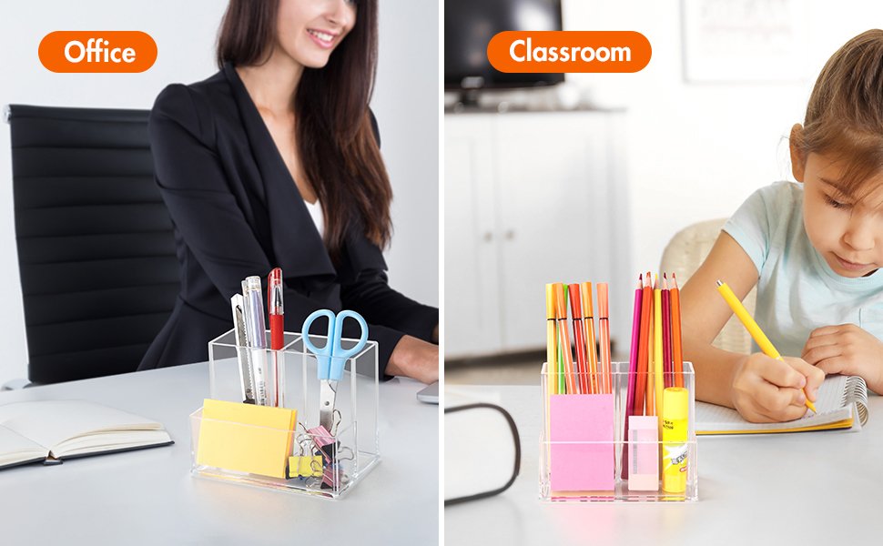 oem odm pen holder for desk, clear acrylic pencil holder for desk, marker holder with 3 compartments, pencil organizer for home, office, classroom, bathroom factory & wholesale supplier