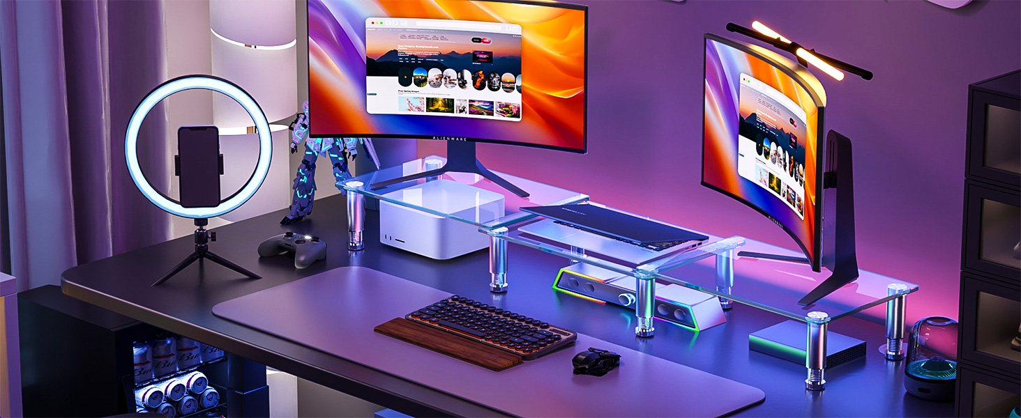 oem odm hemudu dual monitor stand -adjustable length and angle dual monitor riser, desktop organizer for pc, computer, laptop (clear) factory & wholesale supplier