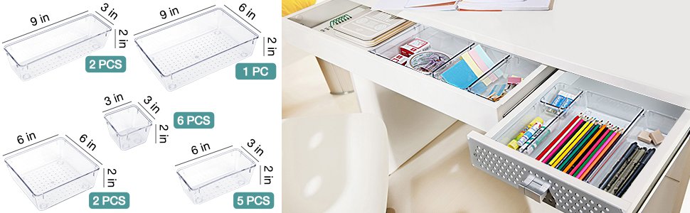 oem odm 16 pcs drawer organizer set, 5 varied size bathroom and kitchen drawer cabinet organizer trays, clear storage bins for makeup, jewelry, utensils and gadgets factory & wholesale supplier