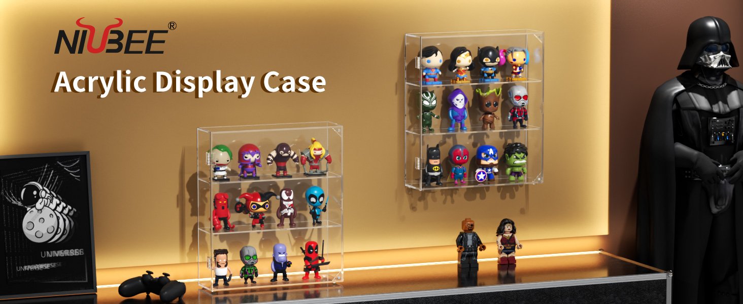 wholesale niubee acrylic display case, clear display case for funko pop figures, wall mounted or desktop dustproof display cabinet box for collectibles ,rock,crystals,mini toys,amiibo (3 tiers) factory & supplier oem odm
