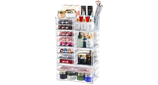 oem odm cq acrylic 4 pack clear makeup organizer for counter,12 drawers stackable skincare organizer,large cosmetic storage organizer for jewelry,hair accessory,beauty,skin care,vanity organizers and storage factory & wholesale supplier