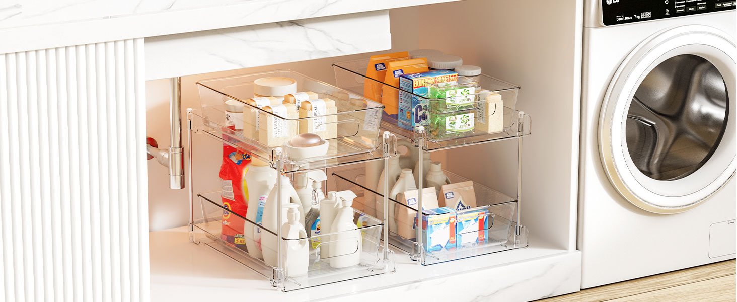 oem odm vtopmart 4 pack bathroom organizer, 2 tier clear under sink organizers vanity countertop storage container,cabinet drawers bins, pull-out organization with track for pantry, kitchen factory & wholesale supplier
