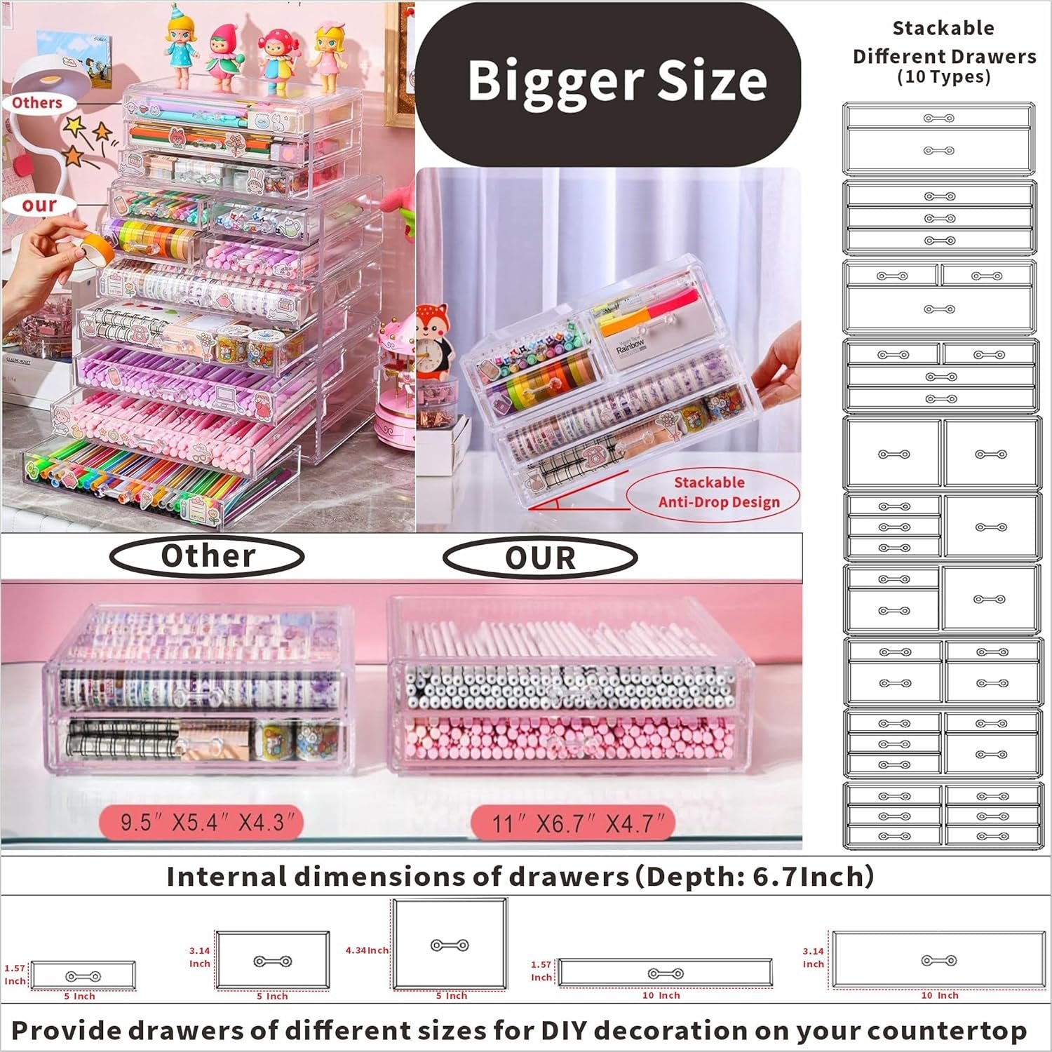 oem odm acrylic clear makeup organizers with 4 drawers,rectangular office stationery supplies plastic storage containers,stackable acrylic drawers suitable for office,school,home cute desk organizer,pack of 1 factory & wholesale supplier