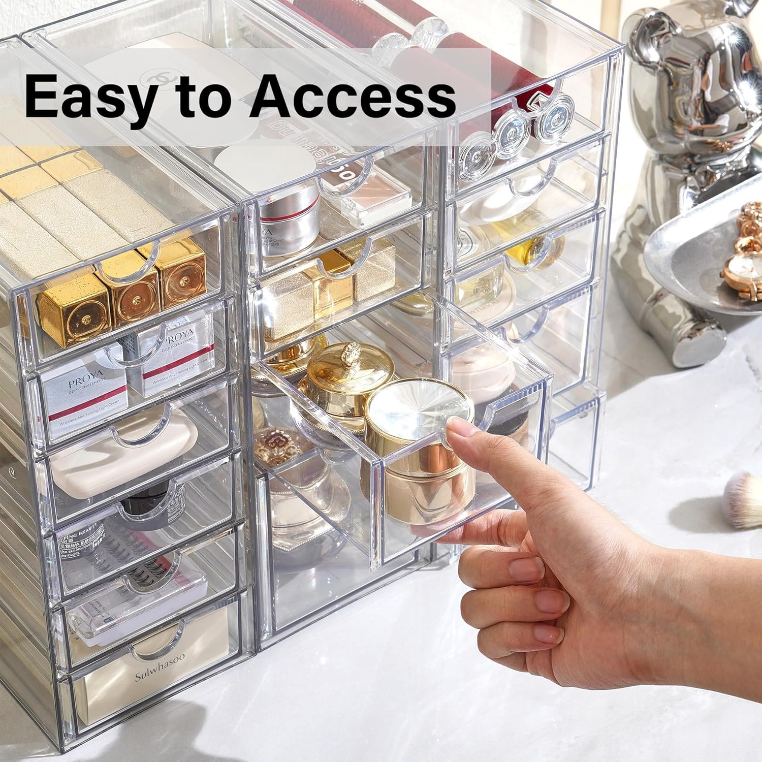 oem odm prsildan acrylic drawer makeup organizer with 4 drawers, set of 2 office desk organizers accessories, clear stackable storage drawers for vanity, countertop, craft, jewelry, art supply organization factory & wholesale supplier
