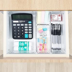 oem odm 16 pcs drawer organizer set, 5 varied size bathroom and kitchen drawer cabinet organizer trays, clear storage bins for makeup, jewelry, utensils and gadgets factory & wholesale supplier
