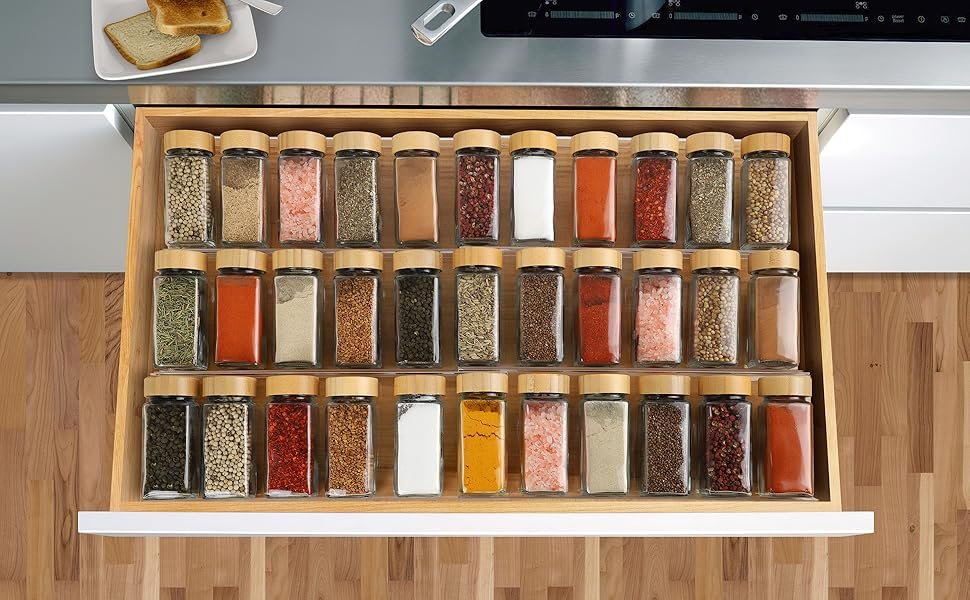 oem odm spice drawer organizer 4 tier, acrylic seasoning organizer rack, clear spice rack tray, kitchen seasoning jars drawers insert (jars not included/ expandable from 9