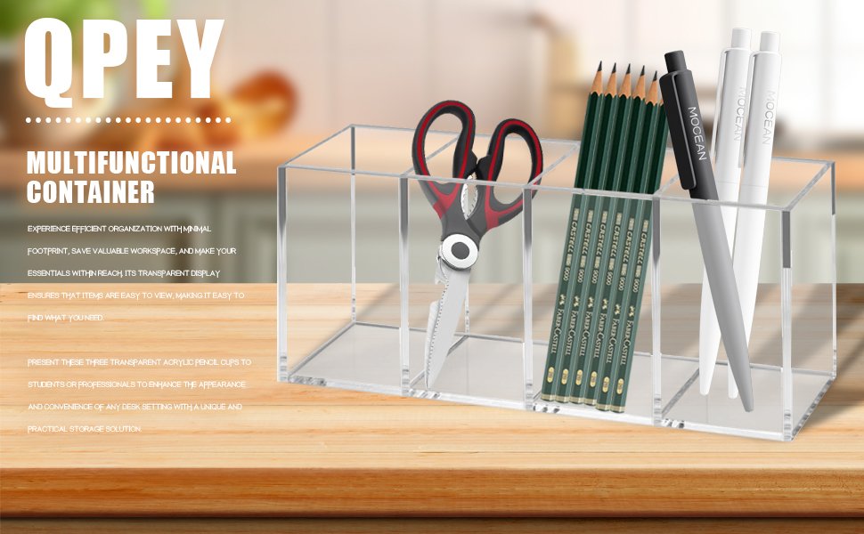 oem odm qpey acrylic pen holder 4 compartments,clear pen holder organizer makeup brush holder for office desk accessories,cosmetic brush storage box,dorm,bathroom,kitchen (clear) factory & wholesale supplier