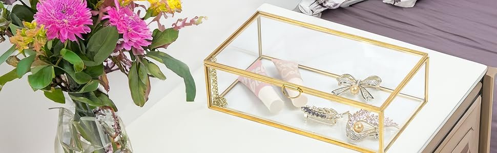 oem odm clear glass decorative box for organizing photos, jewelry, small items - golden dresser drawer organizer, transparant small storage bin container with lid (upgrade, 8x4,3x2,3