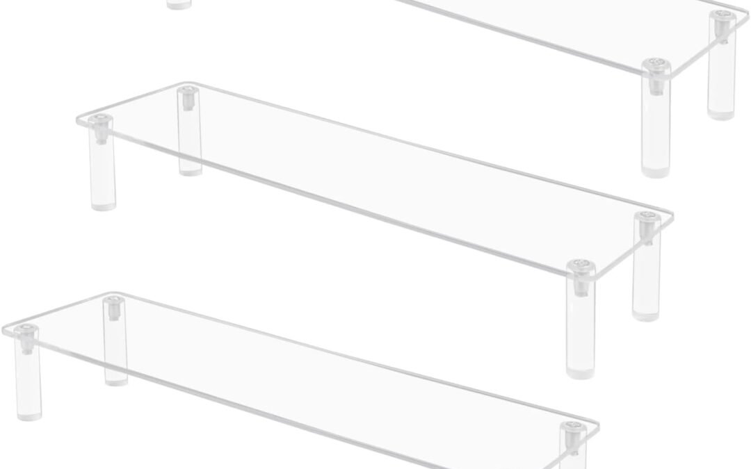 OEM ODM 3 Pack Acrylic Shelves Clear Display Stand Riser Dessert Stands Perfume Stand Organizer Acrylic Stands for Display Food( 11.81″×3.15″×1.97″, 1 Tier ) Factory & Wholesale Supplier