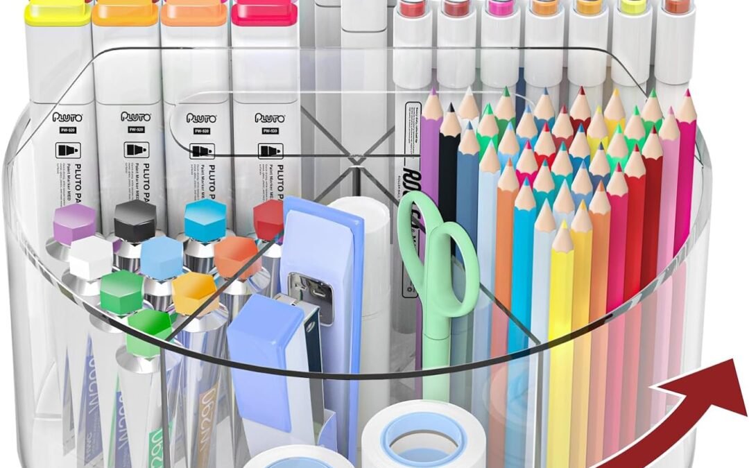 Absonic Acrylic Pen Holder Pencil Organizer, 360-Degree Rotating Pencil Holder, Crayon Organizers for Kids Marker Organizer Caddy Art Supply Kids Desk Organizers for Office Home School